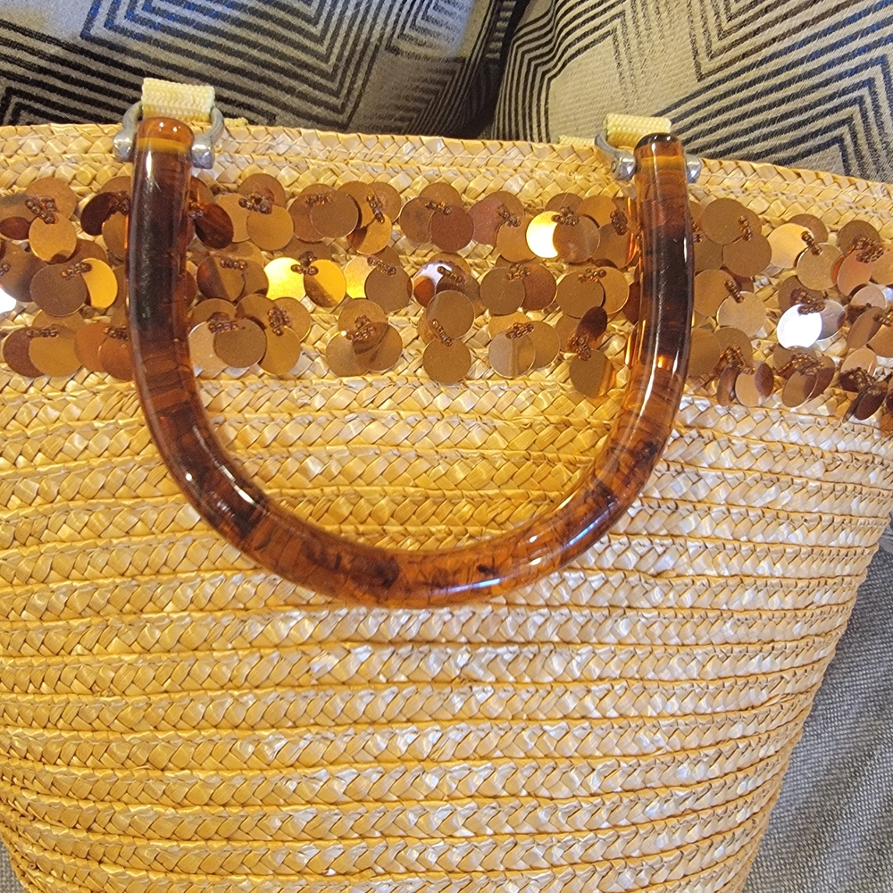 Stylish Sequin-Embellished Tan Straw Bag